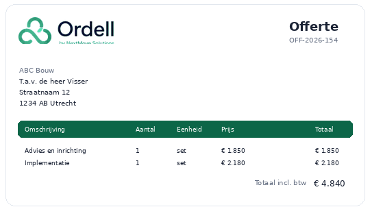 Voorbeeld van een offerte die met Ordell is opgebouwd