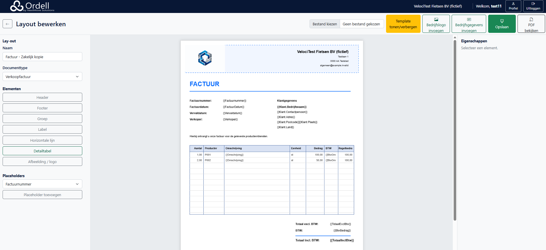 Actueel Ordell-overzicht van documentlayouts met type, status, wijzigingsdatum en acties